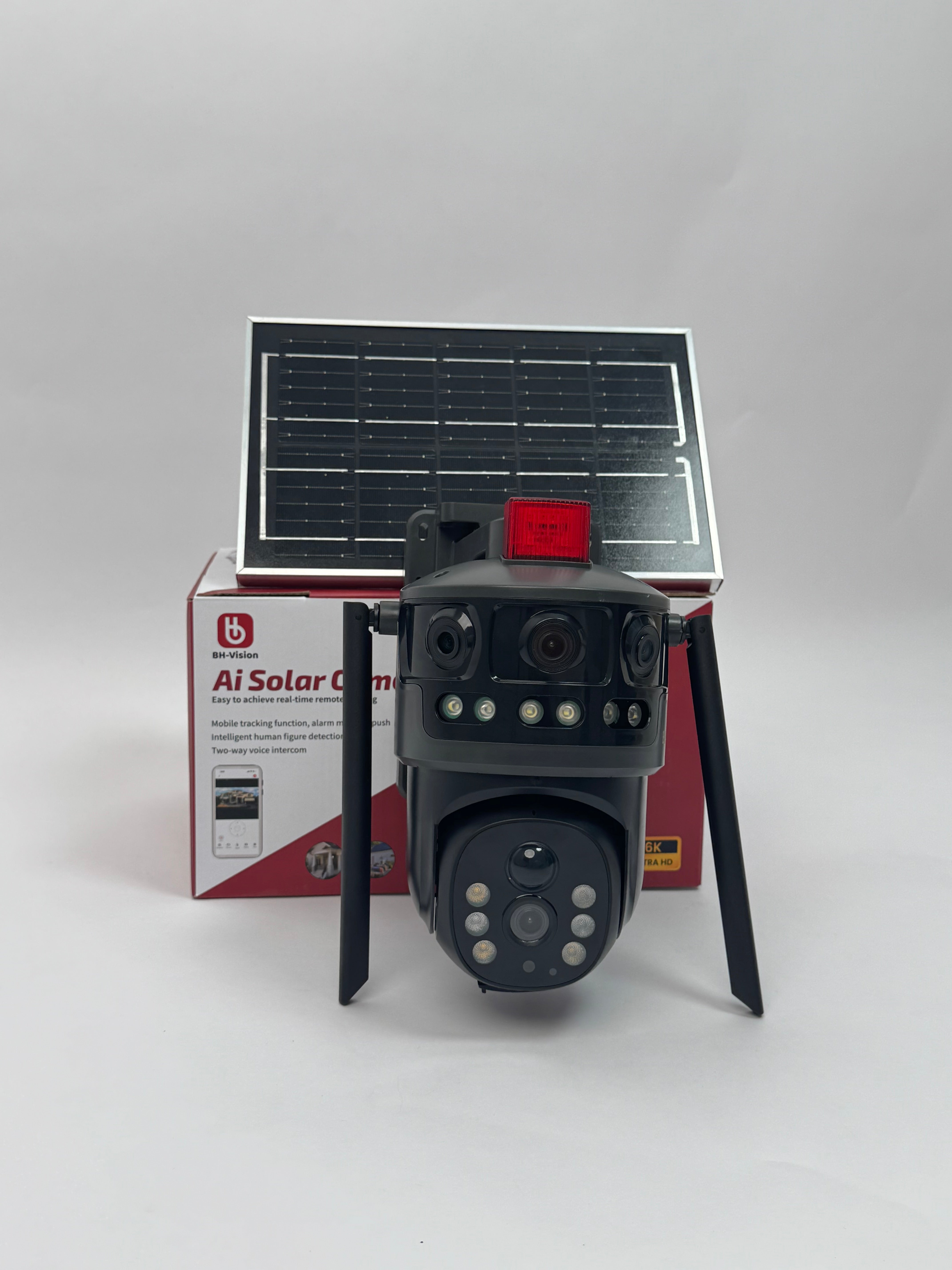 Caméra de sécurité solaire IA Wifi 6K 12MP Triple objectif UHD 2 voies